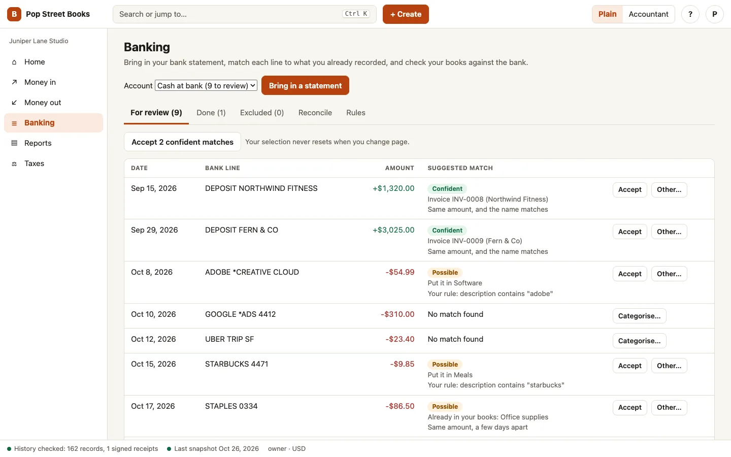The bank review screen with imported bank lines, suggested matches and a button to accept the confident ones