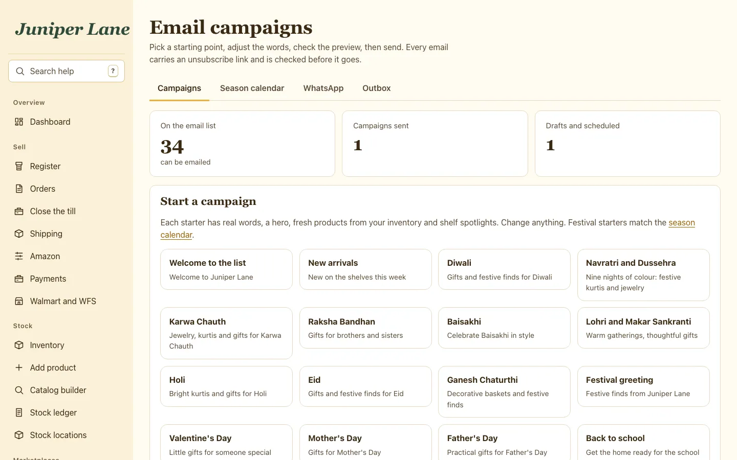 The email campaigns page with ready-made starters for festivals and seasons