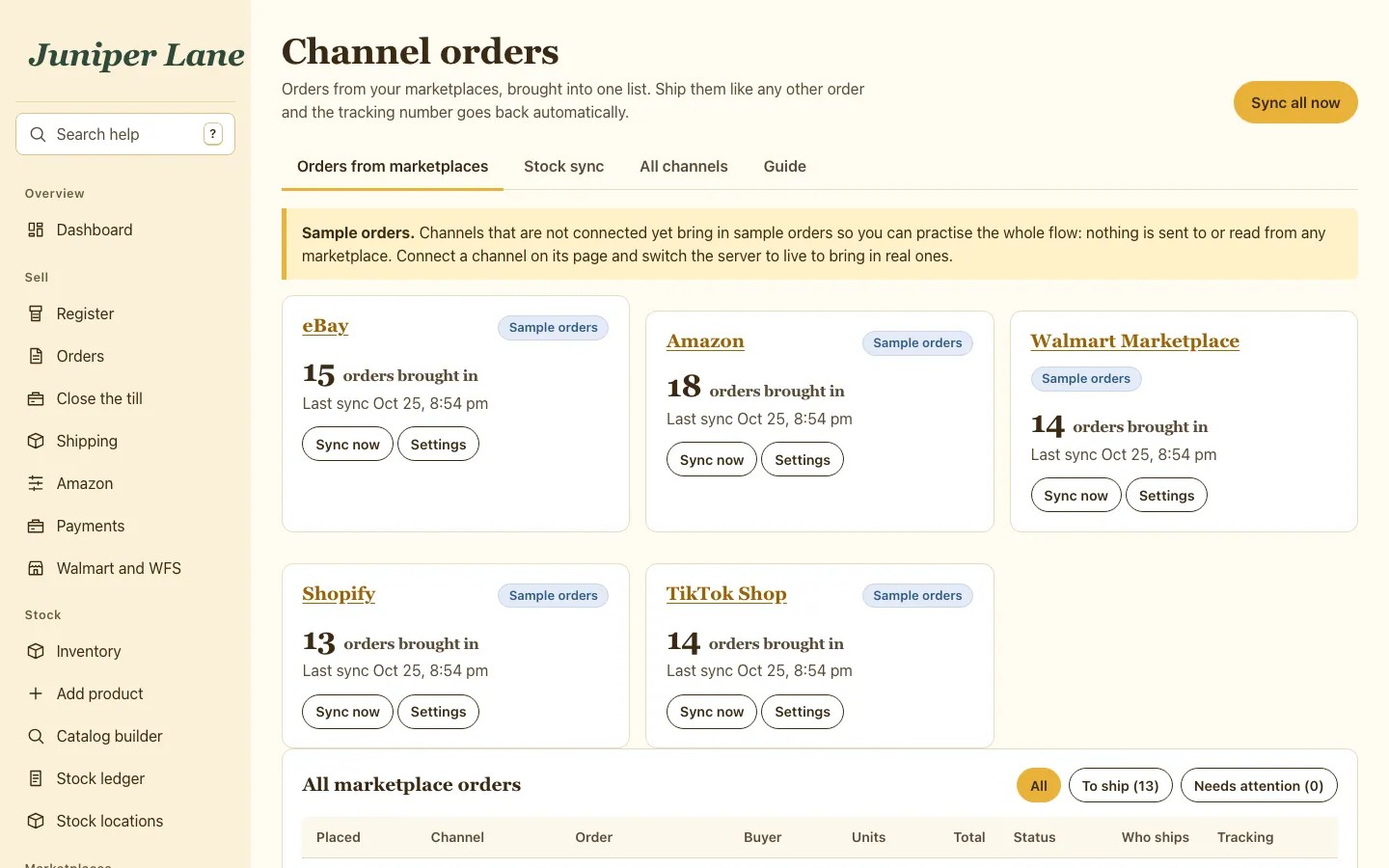 Orders imported from marketplaces into one list, with filters for orders to ship and orders needing attention