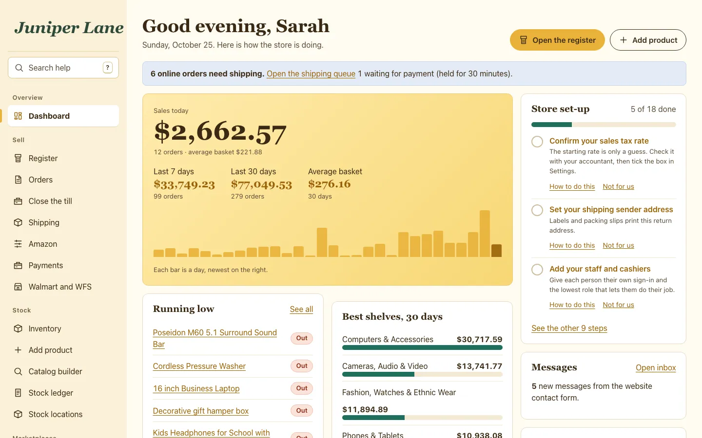 The console dashboard showing sales for today, the last 7 days and the last 30 days, low stock and channel health