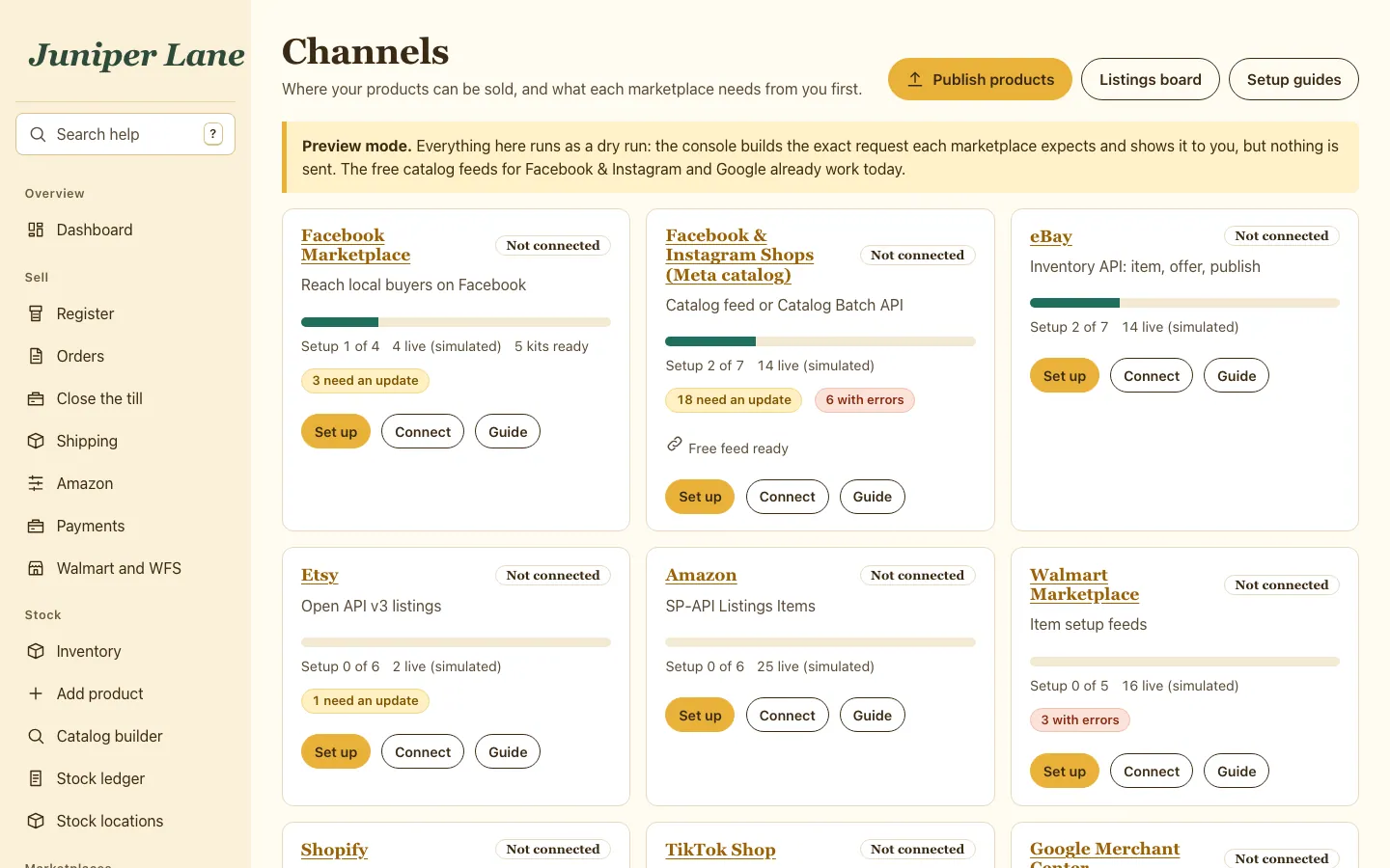 The marketplace hub with a card for each channel showing set-up progress and connection status