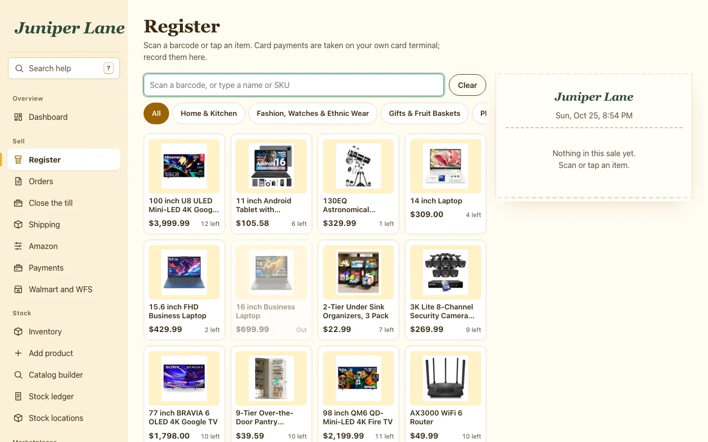 The point of sale register with product tiles, a cart and payment options