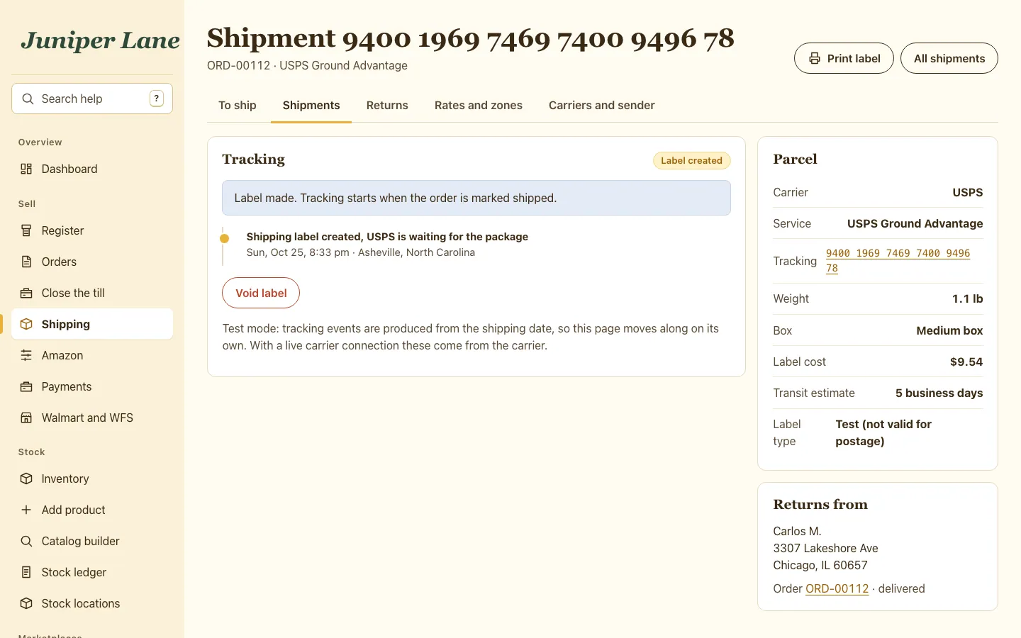 A shipment with its label, tracking number and a timeline of tracking events