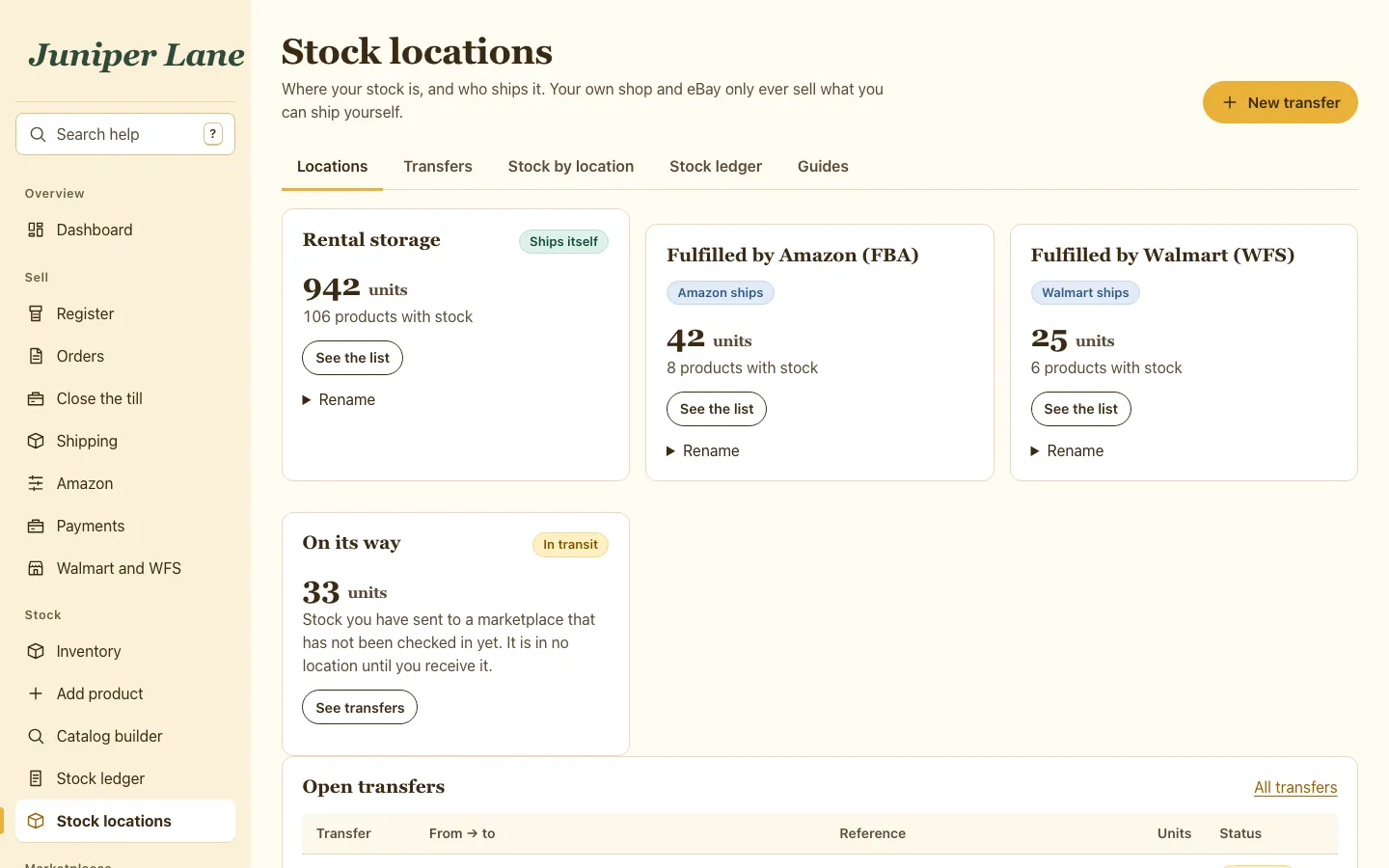 Stock split across rental storage, FBA and WFS with counts for each location
