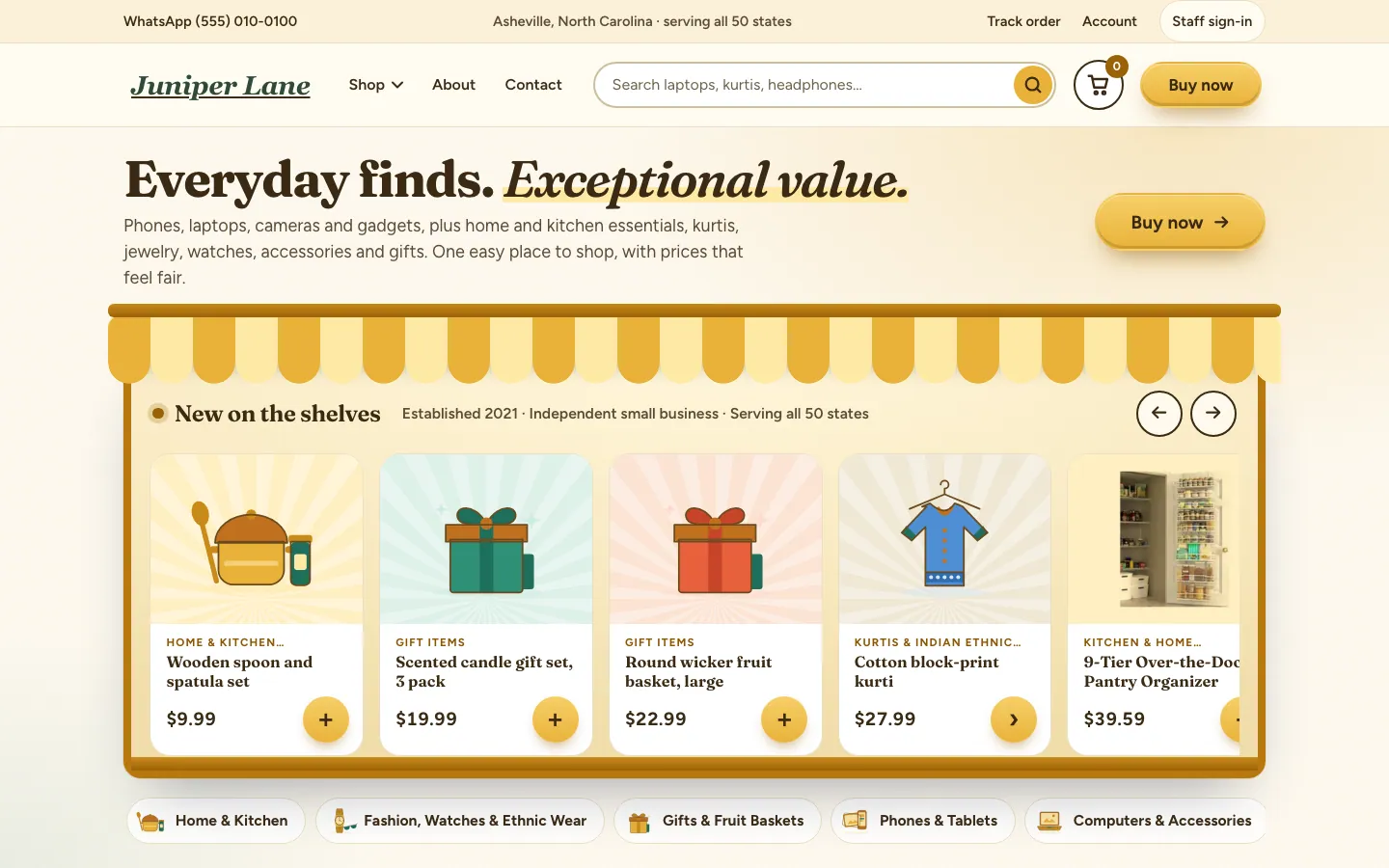 The storefront home page with a carousel of new products and shelf links