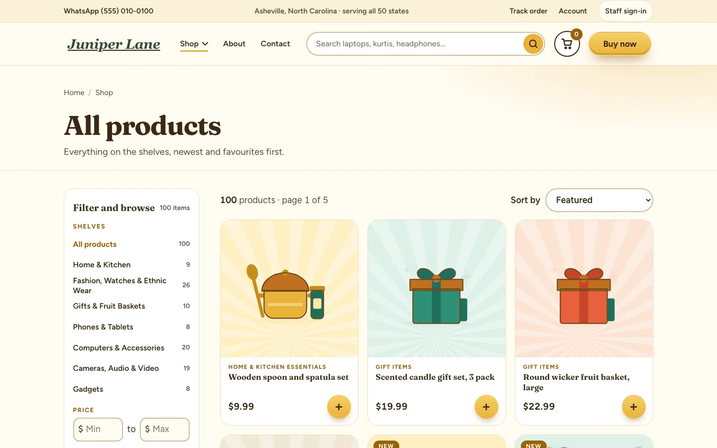 The shop page with filters, sorting and product cards showing prices