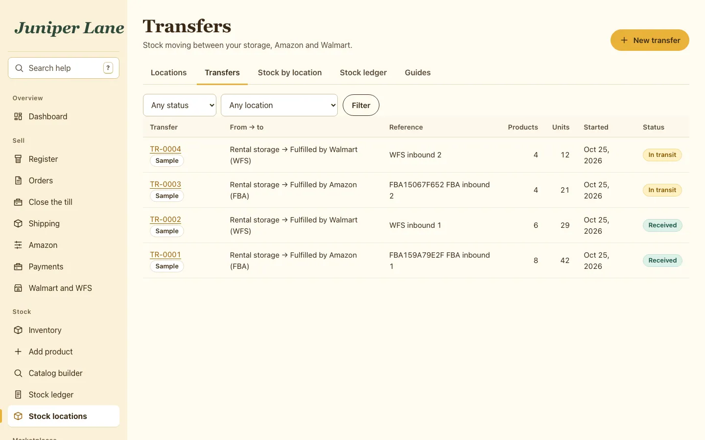A list of stock transfers to Amazon and Walmart warehouses with their status