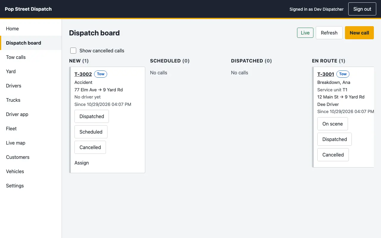The dispatch board with calls in columns by stage, each card showing the address, the vehicle and the driver