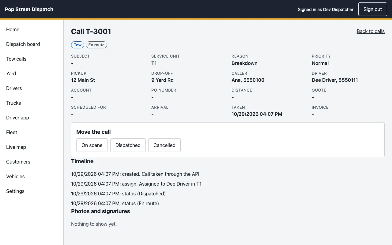 A tow call with pickup, drop-off, driver and truck, and a timeline of every step so far