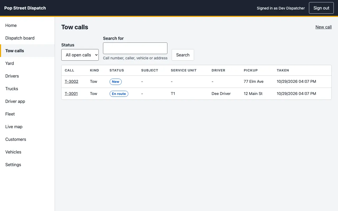 The tow calls list with status, driver, truck and pickup address, searchable by call number, caller, vehicle or address