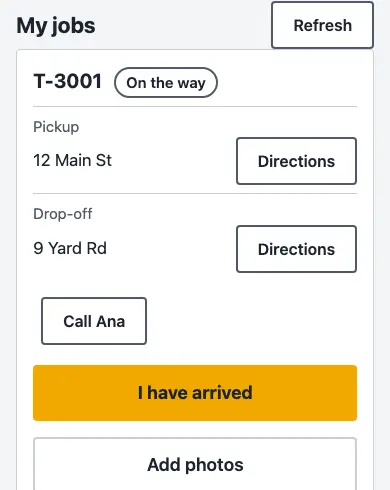 The driver app on a phone: the job with pickup, drop-off, directions, an arrived button and add photos