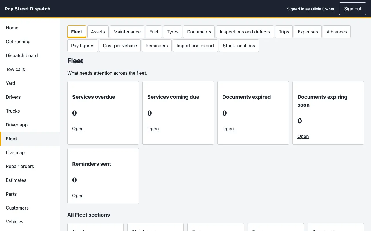 The fleet overview showing services overdue, services coming due and documents expiring, with every fleet section a click away