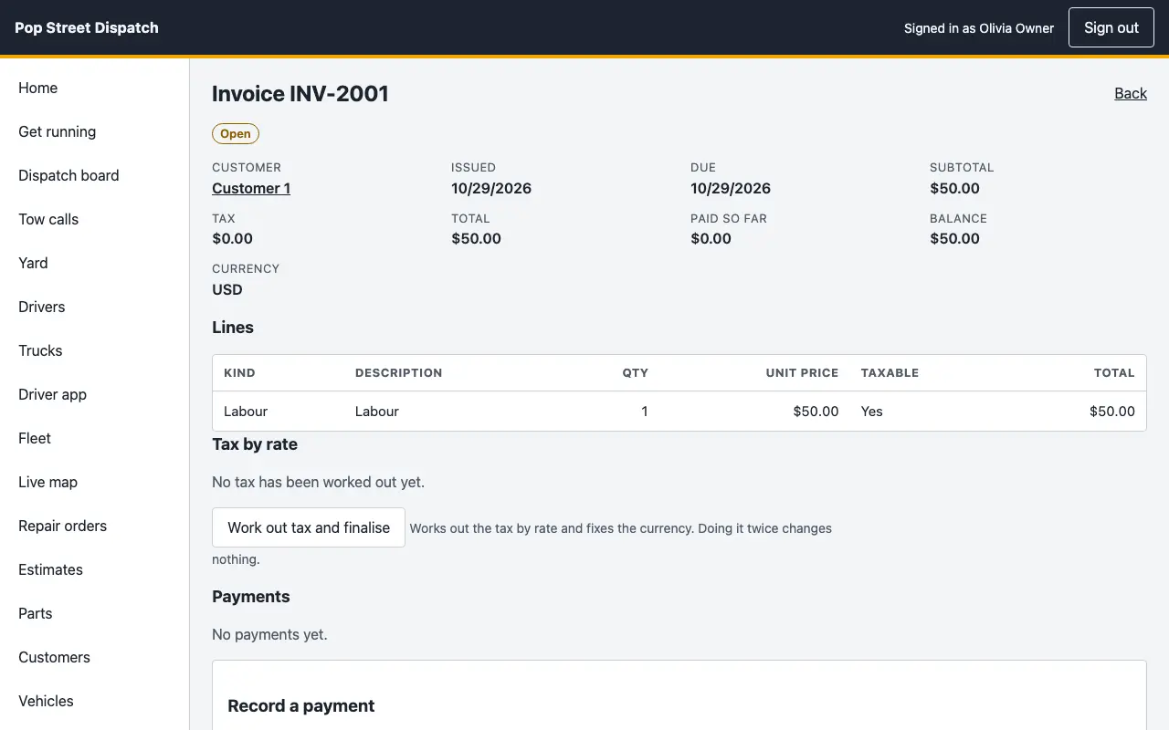 An invoice with its lines, tax by rate, payments and the balance still owing