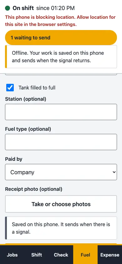 The driver app with no signal: work saved on the phone and one item waiting to send