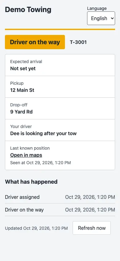 The tracking page a customer opens on a phone: driver on the way, pickup, drop-off and what has happened