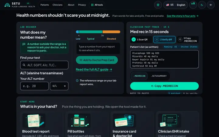 Homepage of Setu Labs on a desktop screen